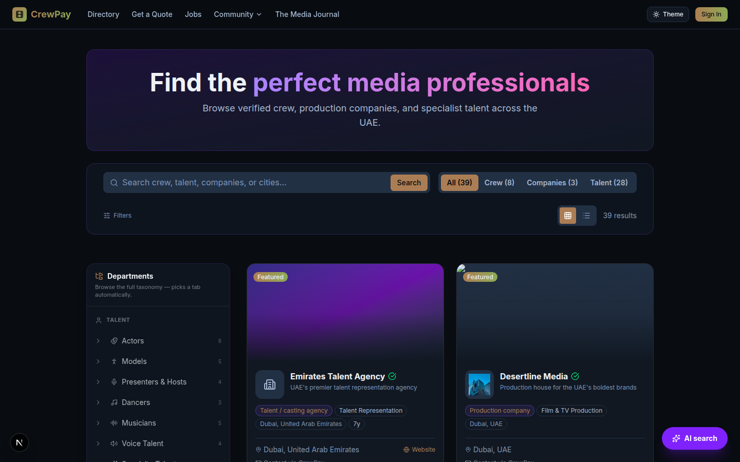 The directory — companies, crew and talent across the full production taxonomy.