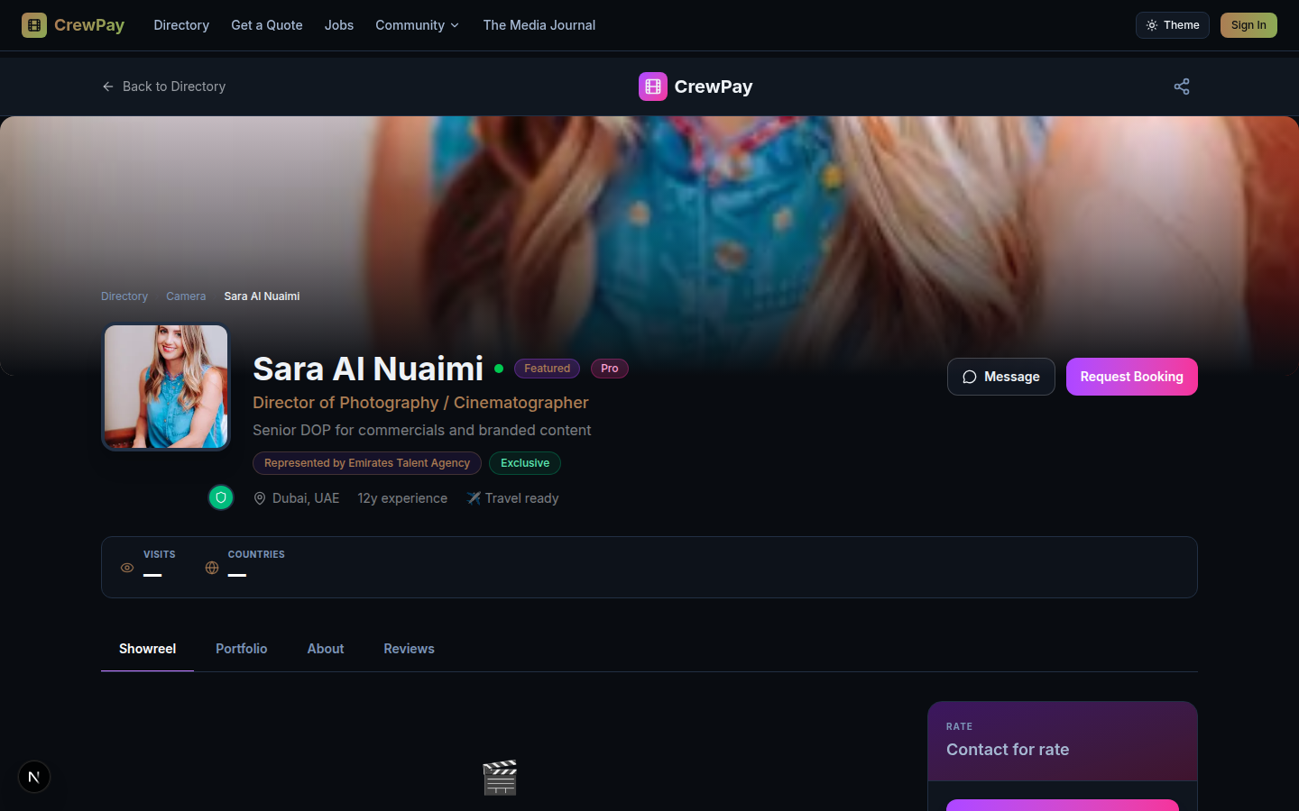 Verified crew profiles with showreels, representation, rates and booking.